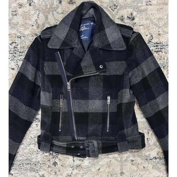 Y2K American Eagle Women’s Wool Blend Plaid Jacket Buckle & Zipper Details Sz S - Picture 2 of 7